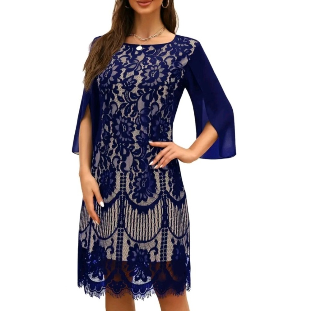 NEW Womens‎ Cooan sleeve Cocktail Formal Lace Sequins Chiffon Blue Dress XL